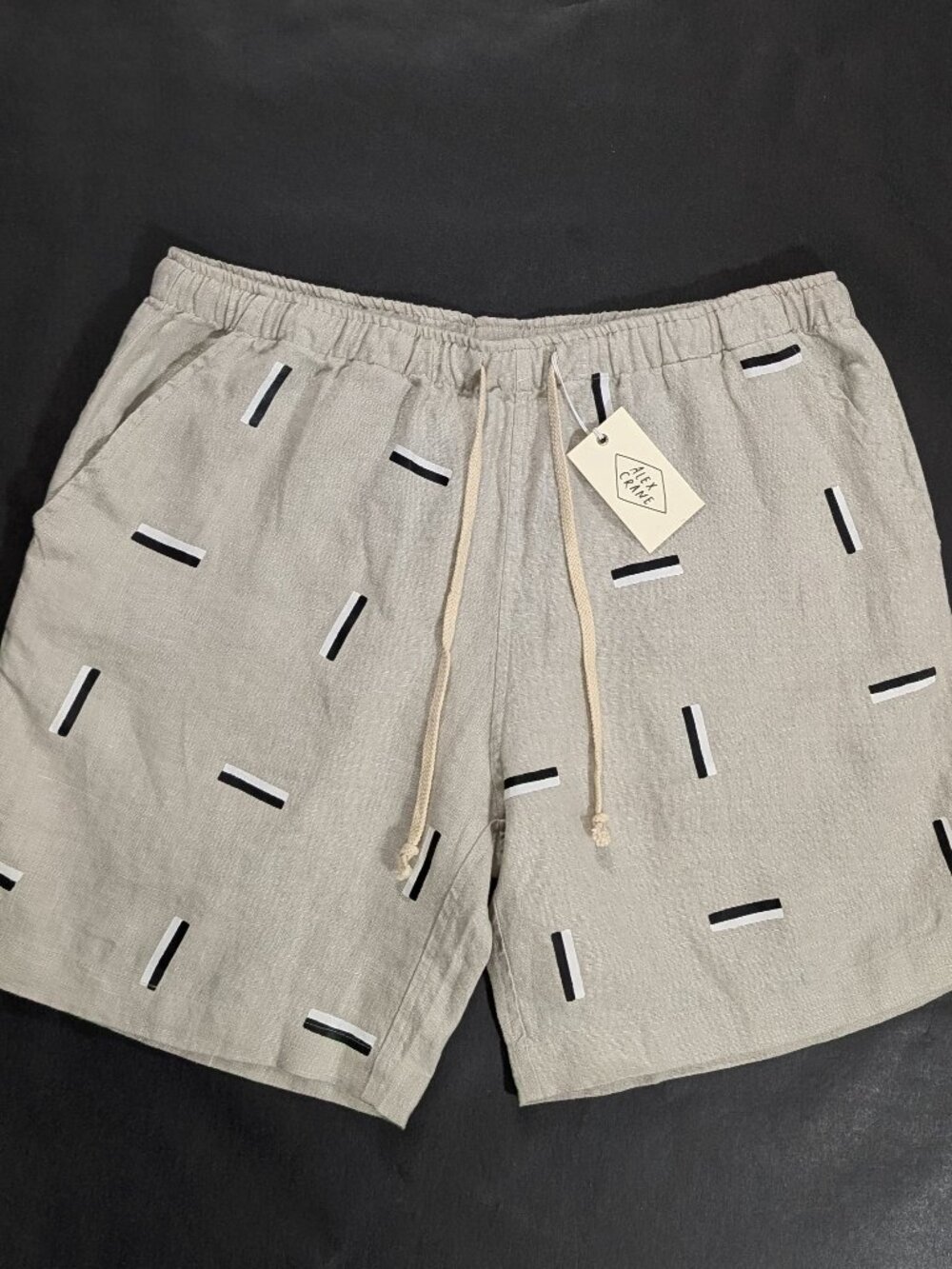 Alex Crane Bo Shorts Men Size L Beige 100% Linen Abstract Geometric Drawstring